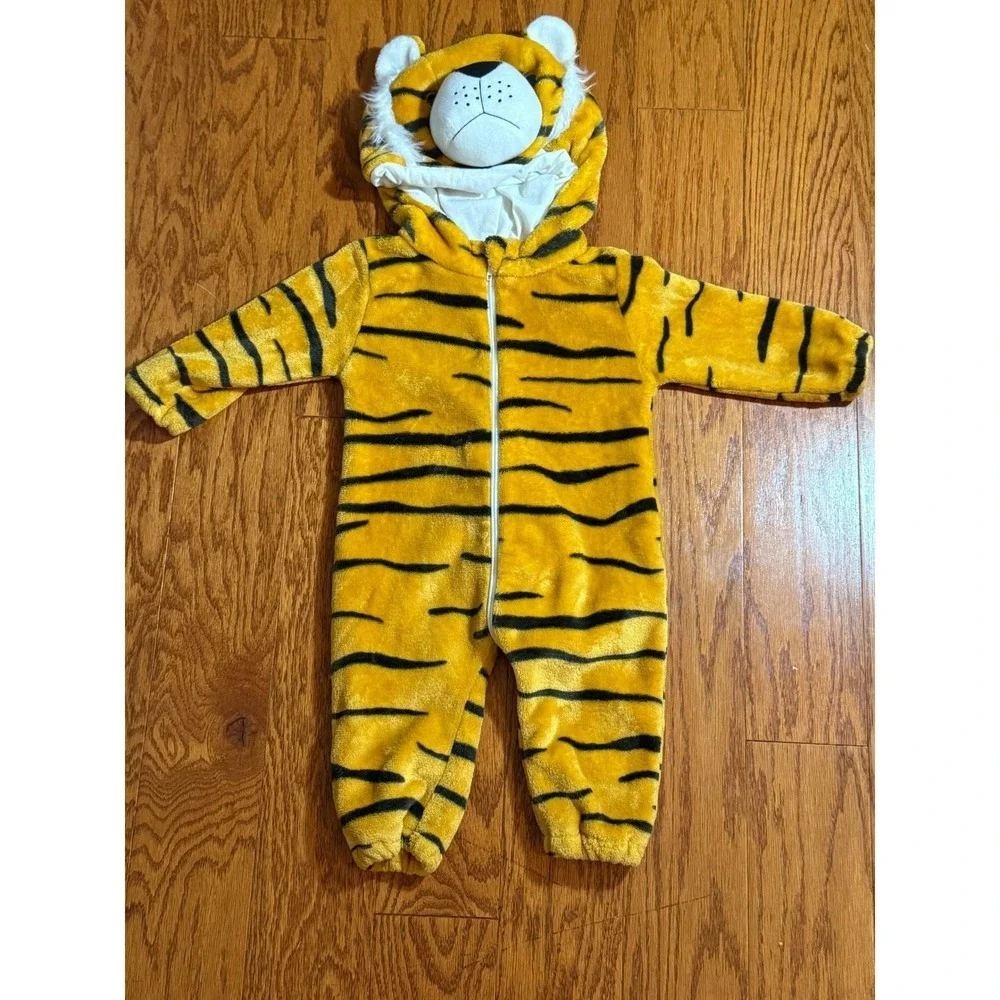 Tiger Costume Plush Striped Full Body Suit with Hood and Tail Orange Black 18M